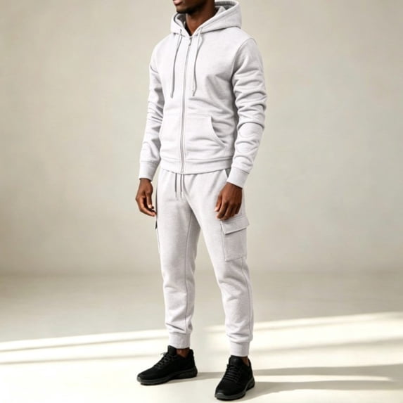 CCRFTGI Jogging Suit for Men Athletic Long Sleeve Tracksuits 2 Piece Zip Hooded Straight Cargo Sweatpants Casual Sport Drawstring White M