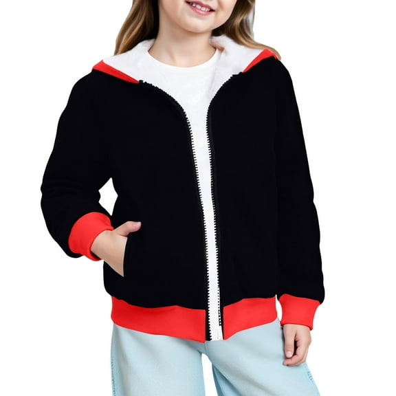 CCRFTGI Kids Boy's Girl's Hooded Jacket Essentials Fleece Lined Sherpa Sweatshirt Hoodie Size 8 Soft Warm Zip Up Winter Outdoor Coat Black 13-14Y