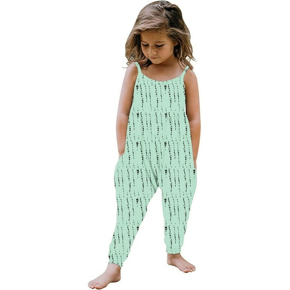 CCRFTGI Kids Jumpsuit Spaghetti Strap Girls Romper Fall Aesthetic Light Green Striped Overalls Preppy Sleeveless Outfit with Side Pockets Light Green 7-8 Years