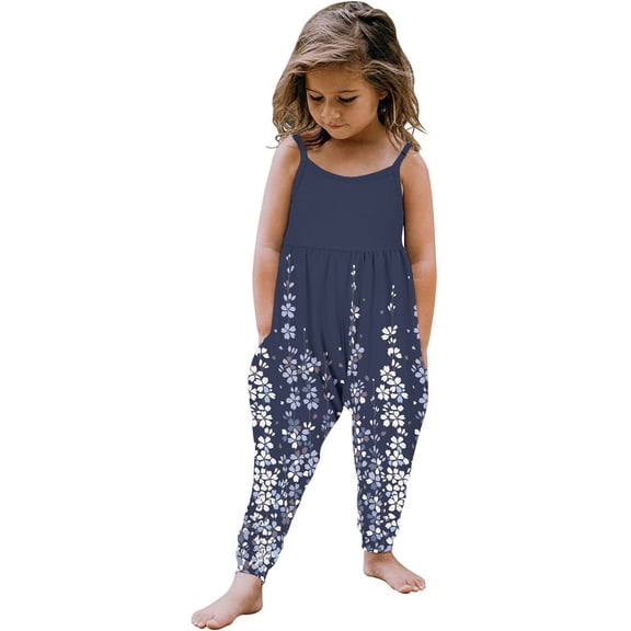 CCRFTGI Kids Jumpsuit Spaghetti Strap Rompers for Teens Fall Fashion Floral Printed Overalls Casual Sleeveless Clothes with Pockets Navy 5-6 Years