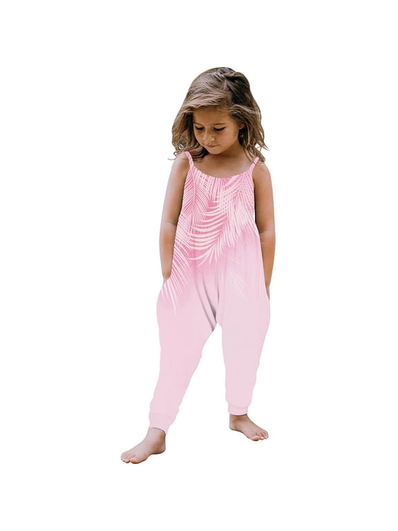 Kids Jumpsuit Spaghetti Strap Teen Romper Summer Aesthetic Leaf Graphic Overall Loose Sleeveless Clothes with Side Pockets Pink 7-8 Years
