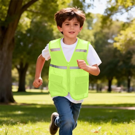 CCRFTGI Kids Student Safety Vest Boys Girls Size 8-10 High Visibility Reflective Work Vest Sleeveless Zipper Up Breathable Loose Reflection Activity Workwear for Cycling Skiing Green 11-12 Years