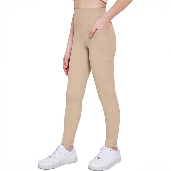 CCRFTGI Leggings for Child Girls 10-12 High Waisted Yoga Pants Gym Tight Stretchy Running Pants with pockets Khaki 5-6 Years