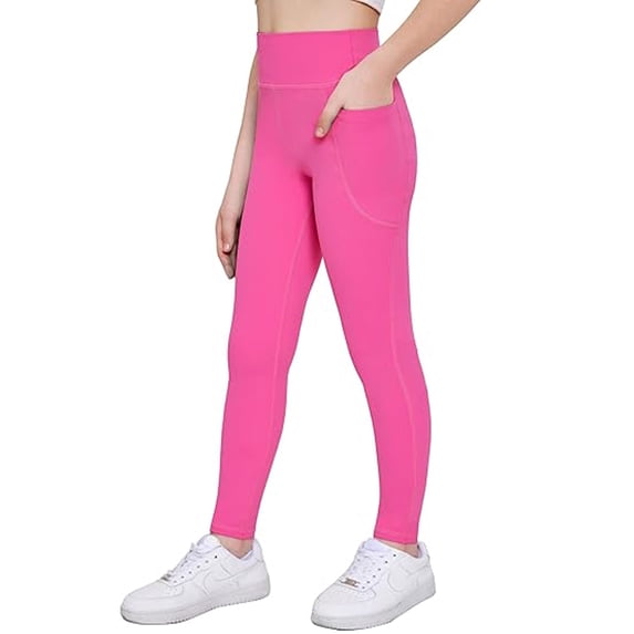 CCRFTGI Leggings for Children Girls Size 10-12 High Waist Yoga Leggings Athletic Sports Tight Stretch Dance Leggings with pockets Pink 9-10 Years