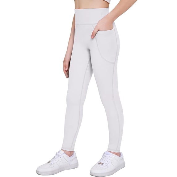 CCRFTGI Leggings for Kids Girls Size 10-12 High Waist Yoga Pants Athletic Sports Tight Casual Leggings with pockets White 11-12 Years
