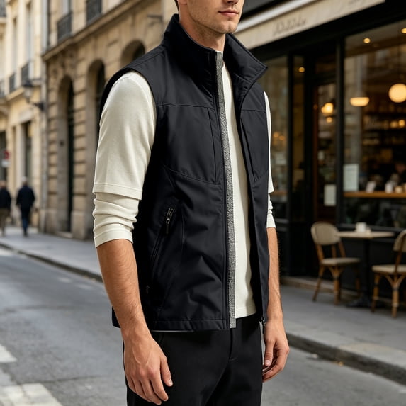 CCRFTGI Lightweight Vest For Men Outdoor Sleeveless Stand Collar Casual Workout Jacket Full Zip Travel Hiking Fishing Outerwear With Multiple Pockets Black L