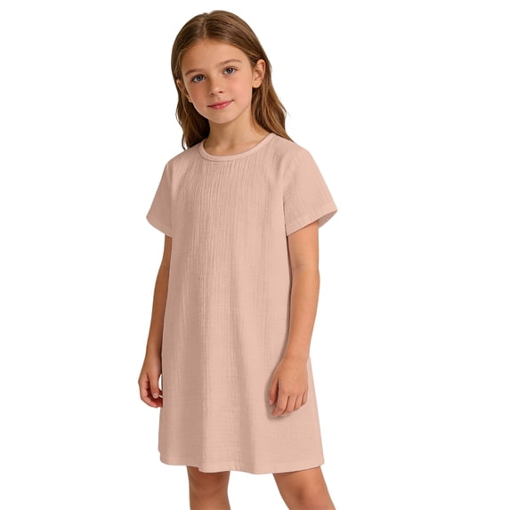 CCRFTGI Linen Short Sleeve Summer Dress for Child Girls 10-12 Basic A Line Swing Skater Dress Loose Fit Holiday Girls Fashion Dresses Pink 11-12 Years