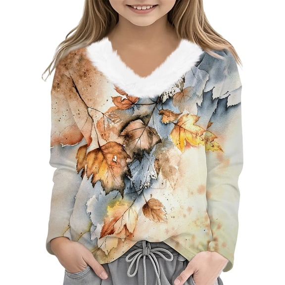 CCRFTGI Long Sleeve Girls T-Shirts Casual Funny Maple Leaf Print Fur Trim V Neck Tunic Tops Fashion Fall T Shirts Loose fit T Shirts Top Saffron 11-12 Years
