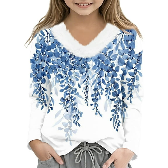 CCRFTGI Long Sleeve Girls T-Shirts Cute 3D Floral Print Fur Trim V Neck Blouses Tops Fashion Fall T Shirts Tween girls Tshirts Light Blue 12-13 Years