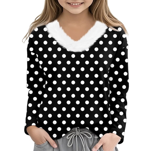 CCRFTGI Long Sleeve Girls T-Shirts Cute 3D Polka Dots Faux Fur Trim V Neck Tee Tops Fashion Fall Tee Loose fit T Shirts Top Dark Gray 9-10 Years