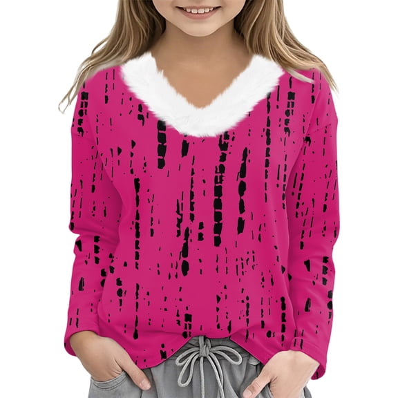 CCRFTGI Long Sleeve Girls T-Shirts Cute 3D Polka Dots Fur Trim V Neck Blouses Tops Fashion Fall Tee Tween girls T Shirts Top Hot Pink 10-11 Years