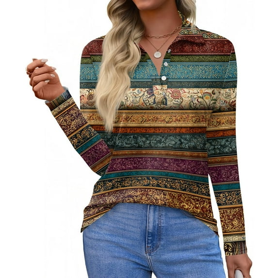CCRFTGI Long Sleeve Polo Shirts for Women Business Workl Polos Athletic Lapel V Neck Collared T Shirts Fall Fashion Vintage Floral Print Loose Button Down Tees Earthy Yellow M