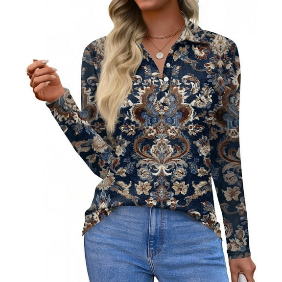 CCRFTGI Long Sleeve Polo Shirts for Women Casual Polo Shirts Basic V Neck Collared T Shirts Fall Fashion Vintage Ethnic Print Lightweight Button Down Tees Navy XL