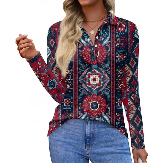 CCRFTGI Long Sleeve Polo Shirts for Women Casual Polo Shirts Golf V Neck Collared Shirts Fall Vintage Ethnic Print Lightweight Button Up Tees Shirts Red S