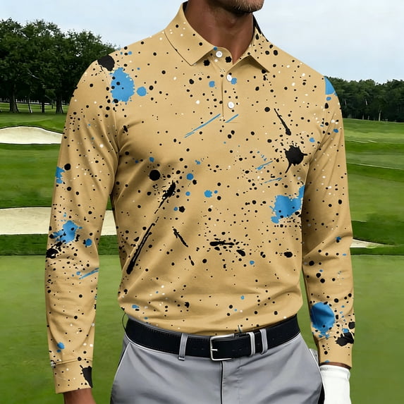 CCRFTGI Long Sleeve Polo Shirts for Men Print Breathable Classic Golf Casual Daily Tops Tees Shirts Light Brown 3XL