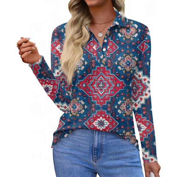 CCRFTGI Long Sleeve Polo Shirts for Women Business Workl Polos Golf V Neck Collared Shirts Fall Vintage Floral Print Loose Fit Button Up Tops Red L