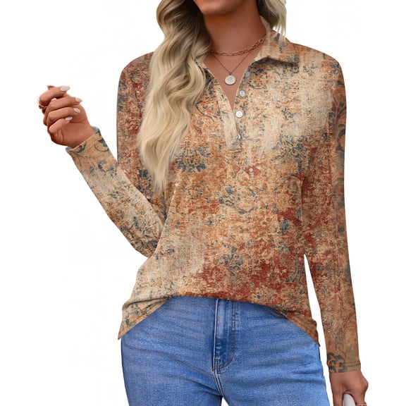 CCRFTGI Long Sleeve Polo Shirts for Women Casual Polos Athletic V Neck Collared Shirts Fall Vintage Ethnic Print Loose Fit Button Up Tees Khaki L