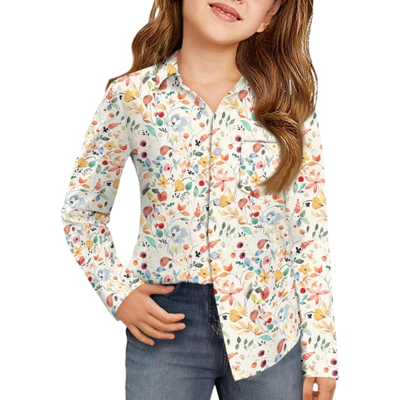 CCRFTGI Long Sleeve Shirts for Children Girls Causal Back To School Button Down Collared Shirts Formal Floral Print Blouse Soft Fall Uniform Shirt with Pocket Saffron 6-7 Years