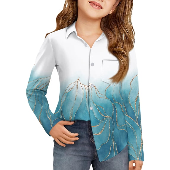 CCRFTGI Long Sleeve Shirts for Children Girls Causal Back To School Button Down Collared Shirts Formal Floral Print Uniform Classic Fall School Uniform Blouse with Pocket Light Blue 4-5 Years