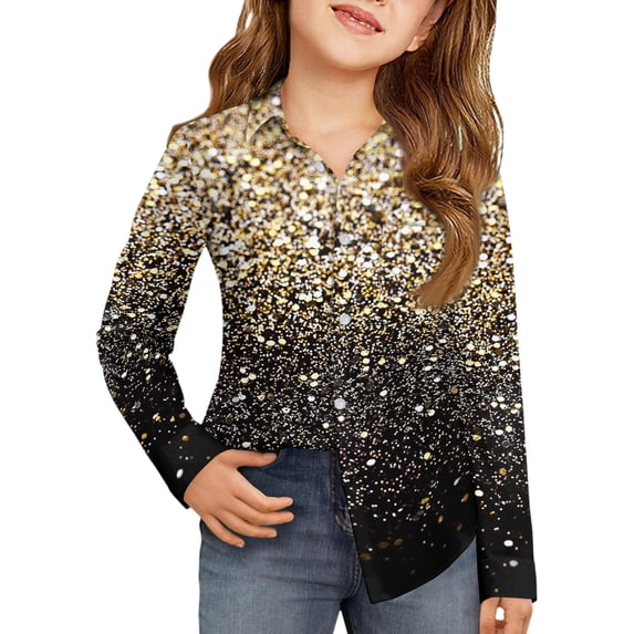 CCRFTGI Long Sleeve Shirts for Children Girls Causal Back To School Button Up Collared Shirts Formal Floral Print Uniform Soft Fall Uniform Shirt with Pocket Gold 4-5 Years