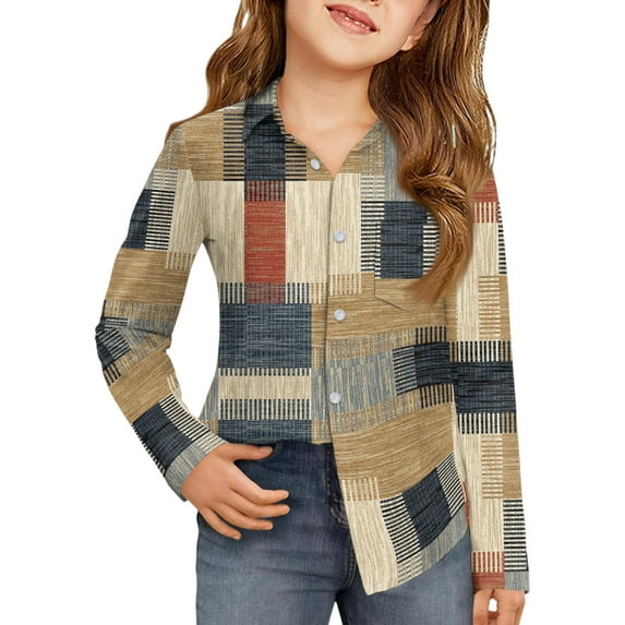 CCRFTGI Long Sleeve Shirts for Children Girls Causal Back To School Button Down Collared Tops Formal Color Block Blouse Classic Fall Uniform Shirt with Pocket Light Brown 8-9 Years