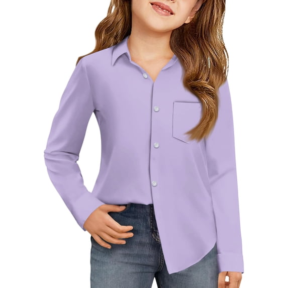 CCRFTGI Long Sleeve Shirts for Children Girls Causal Back To School Button Down Collared Tops Formal Solid Color Blouse Soft Fall School Uniform Blouse with Pocket Light Purple 9-10 Years