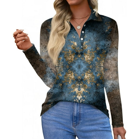 CCRFTGI Long Sleeve Shirts for Women Business Workl Polo Shirts Golf V Neck Collared Shirts Fall Vintage Floral Print Lightweight Button Up Tees Shirts Sky Blue S