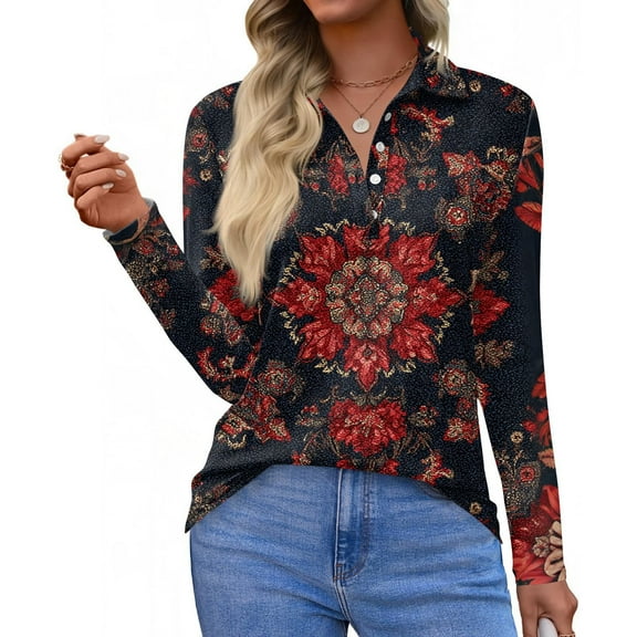 CCRFTGI Long Sleeve Shirts for Women Business Workl Polos Athletic V Neck Collared T Shirts Fall Fashion Vintage Ethnic Print Loose Button Up Tops Red XL