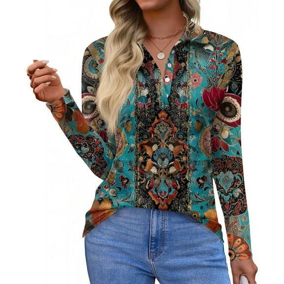 CCRFTGI Long Sleeve Shirts for Women Casual Polo Shirts Athletic Lapel V Neck Collared Shirts Fall Fashion Vintage Ethnic Print Loose Button Up Tees Shirts Cyan S