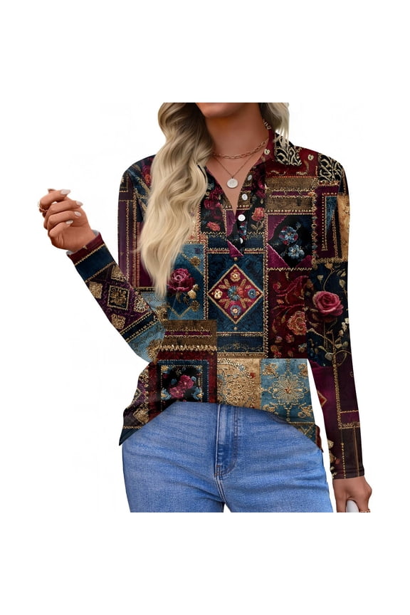 Long Sleeve Shirts for Women Casual Polo Shirts Basic V Neck Collared Shirts Fall Fashion Vintage Ethnic Print Lightweight Button Up Tops Wine L