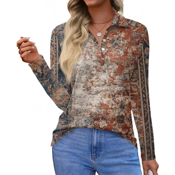 CCRFTGI Long Sleeve Shirts for Women Casual Polo Shirts Golf Lapel V Neck Collared T Shirts Fall Fashion Vintage Ethnic Print Loose Fit Button Tops Gray XL