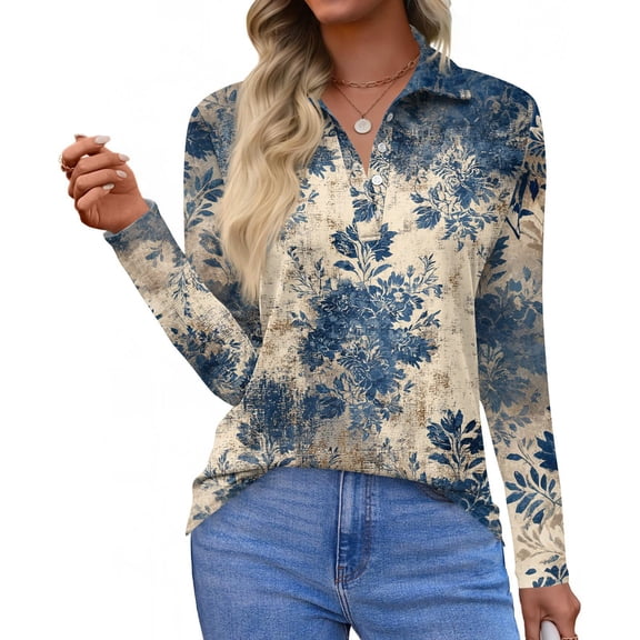 CCRFTGI Long Sleeve Shirts for Women Casual Polo Shirts Golf V Neck Collared Shirts Fall Fashion Vintage Floral Print Loose Fit Button Up Tees Light Blue L