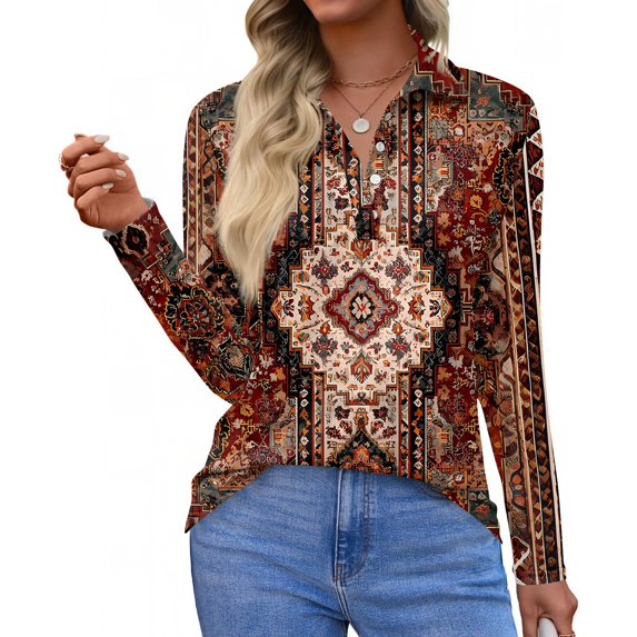 CCRFTGI Long Sleeve Shirts for Women Casual Polos Basic V Neck Collared T Shirts Fall Fashion Vintage Ethnic Print Lightweight Button Down Tops Beige S