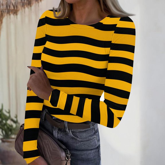 CCRFTGI Long Sleeve Shirts for Women Slim Fit Striped Color block Ribbed Undershirt Tops Trendy Base Layer Women Tees Stretch Fitted Fall Winter Crew Neck Blouse Yellow M