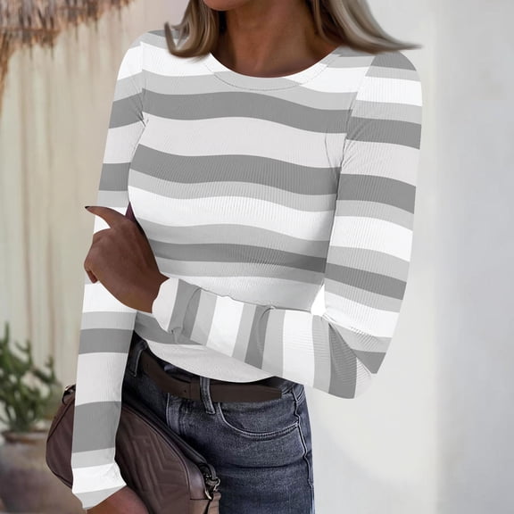 CCRFTGI Long Sleeve Shirts for Women Slim Fit Striped Color block Ribbed Underwear Tops Fashion Thermal Underwear T-Shirts Stretch Fitted Spring Day Crew Neck Blouse Gray L