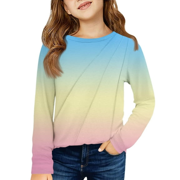 CCRFTGI Long Sleeve Shirts for Girls Crew Neck Gradient Base Shirt for Kids Trendy Soft Comfy Pullover Tops 2026 Spring Beige 7-8Years