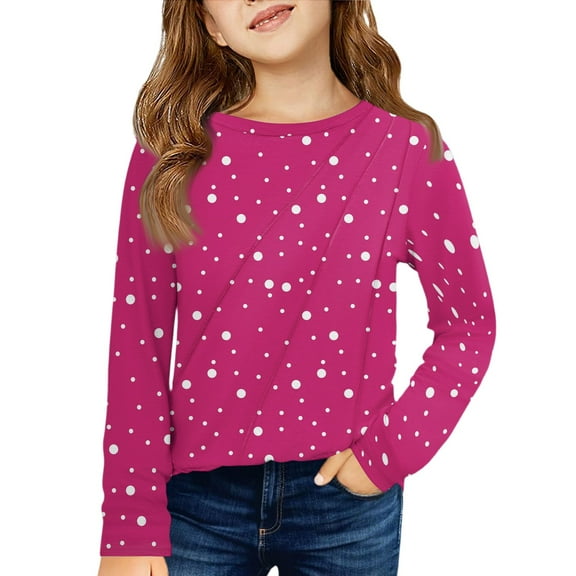 CCRFTGI Long Sleeve Shirts for Girls Crew Neck Polka Dot Base Layer for Kids Fashion Comfy Soft Preppy Clothes 2026 Summer Hot Pink 13-14Years