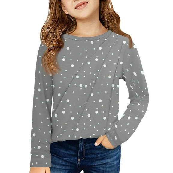 CCRFTGI Long Sleeve Shirts for Girls Crew Neck Polka Dot Undershirts for Children Trendy Lightweight Tee Tops 2026 Summer Gray 4-5Years