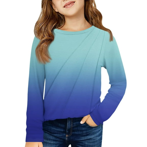 CCRFTGI Long Sleeve Shirts for Girls Round Neck Gradient Base Layer for Child Trendy Comfort Soft Pullover Tops 2026 Summer Blue 5-6Years