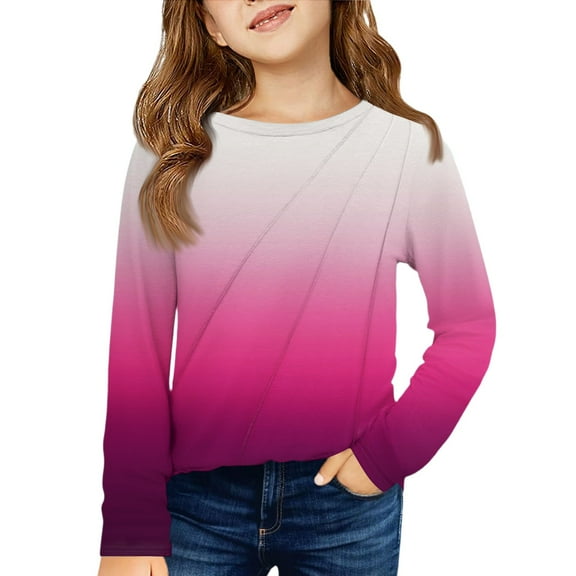 CCRFTGI Long Sleeve Shirts for Girls Round Neck Gradient Base Layer for Child Trendy Comfort Soft Tee Tops 2026 Spring Hot Pink 5-6Years