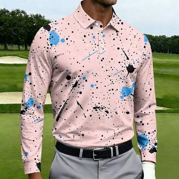 CCRFTGI Long Sleeve Shirts for Men Three Button Slim Fashion Golf Daily Casual Pullover Tops Pink S