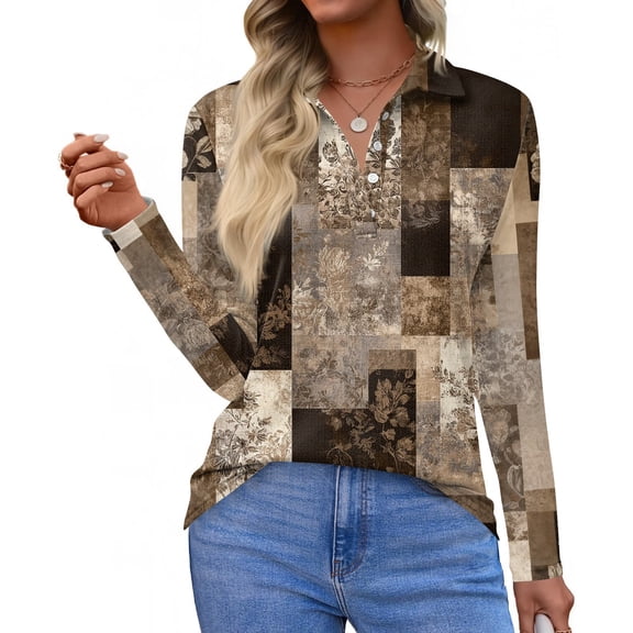 CCRFTGI Long Sleeve Shirts for Women Casual Polos Athletic V Neck Collared T Shirts Fall Fashion Geometric Print Loose Button Down Tops Beige L