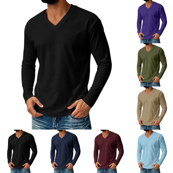 CCRFTGI Long Sleeve Tees for Men Big and Tall Breathable V Neck Shirts Daily Loose Casual Pullover Tops Black 2XL