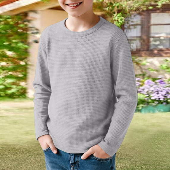 CCRFTGI Long Sleeve for Children Boys Waffle Size 7 Casual Blouses Tops Thermal Fall Spring T Shirts Crewneck Basic Tees Light Gray 9-10 Years