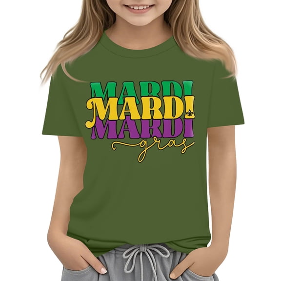 CCRFTGI Mardi Gras Shirt for Child Girls 10-12 Funny Mardi Gras Letter Shirts Trendy Beads Tee Party Crewneck New Orleans Party Custume Tops Dark Green 3-4 Years