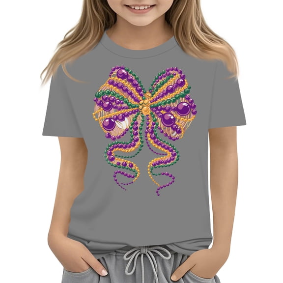 CCRFTGI Mardi Gras Shirt for Child Girls Size 10-12 Funny Coquette Bow T Shirts Trendy Beads Tee Party Crew Neck New Orleans Party Custume Tops Gray 7-8 Years