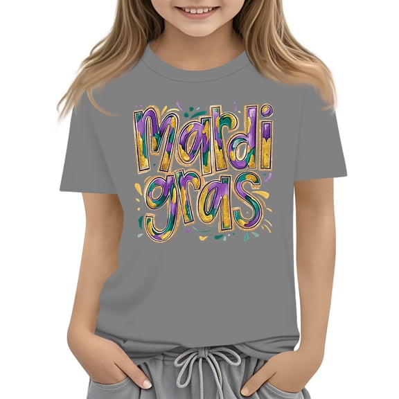 CCRFTGI Mardi Gras Shirt for Children Girls Size 10-12 Funny Coquette Bow Shirts Trendy Beads Tee Holiday Crew Neck New Orleans Party Custume Tops Gray 5-6 Years