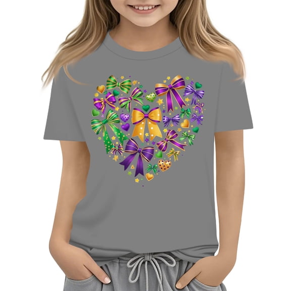 CCRFTGI Mardi Gras Shirt for Kids Girls 10-12 Cute Coquette Bow Heart T Shirts Fashion Beads T-Shirt Party Crew Neck New Orleans Party Custume Tops Gray 11-12 Years