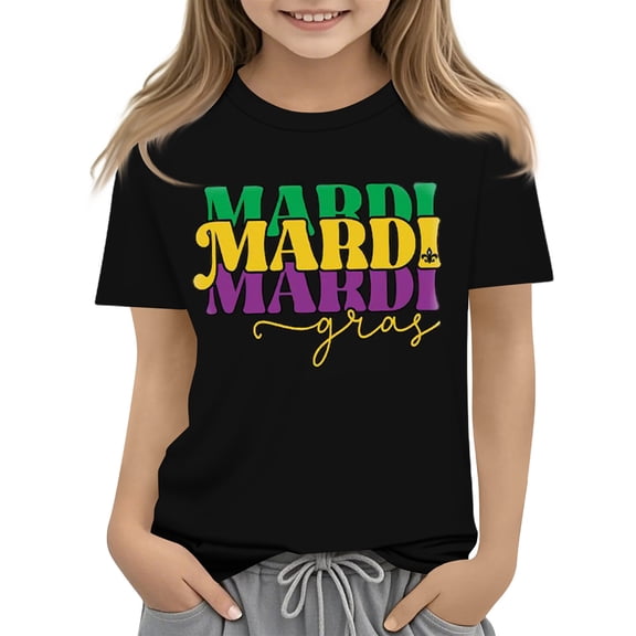 CCRFTGI Mardi Gras Shirt for Kids Girls 10-12 Cute Mardi Gras Letter Shirts Fashion Beads Tee Holiday Crew Neck New Orleans Party Custume Tops Black 9-10 Years