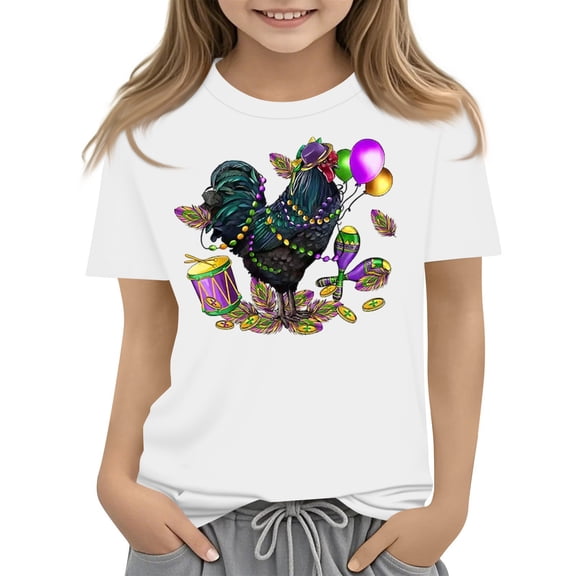 CCRFTGI Mardi Gras Shirt for Child Girls Size 7 Funny Carnival Themed Shirts Fashion Beads T-Shirt Party Crewneck Gift T-Shirt White 5-6 Years
